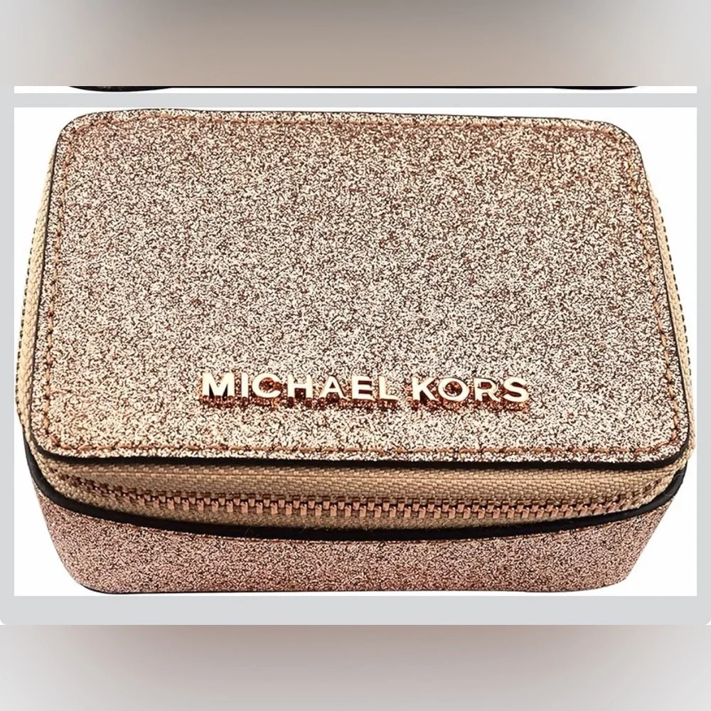Michael Kors Shimmering Glitter Gold travel pill medication or jewelry case NEW!